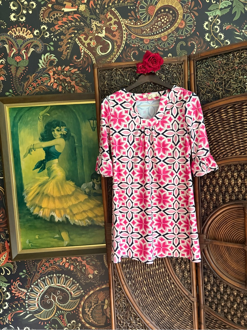 Aryeh Pink Geometric Floral Shift Dress Ruffle Sleeve Resort Wear Size Small